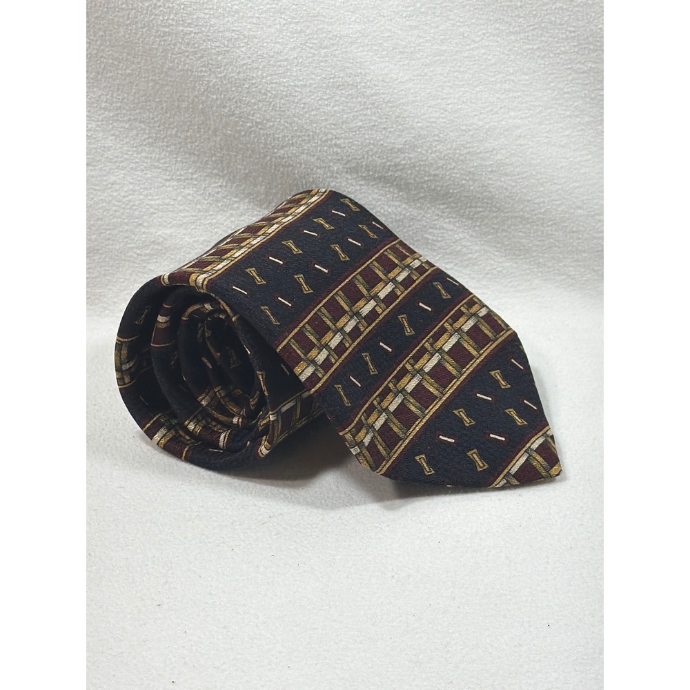 Chez Roffe New York Mens Silk Tie Geometric Navy Burgundy Gold Made in USA